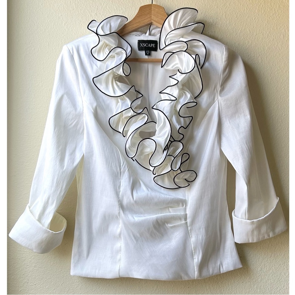 XSCAPE White Black Ruffled Formal Blouse Sz 12 - Picture 3 of 14